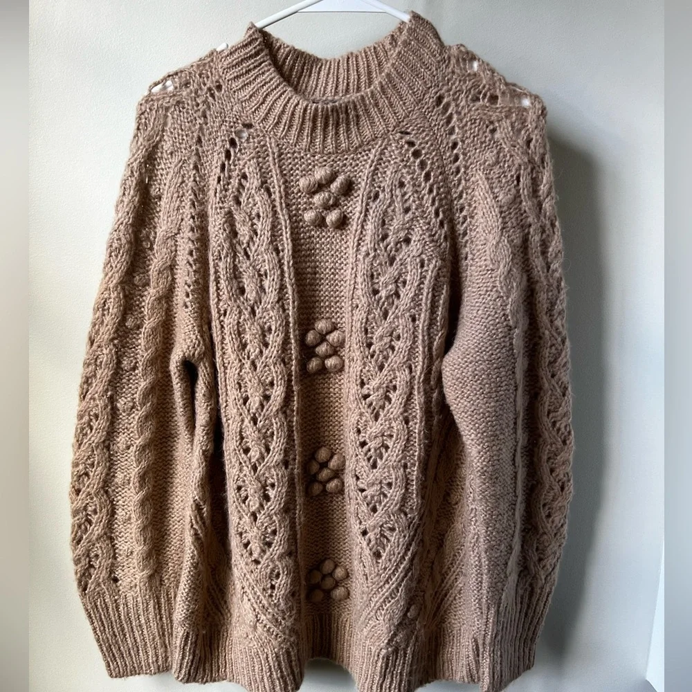 J CREW Cabled Aran Neutral Sweater Bobbles Alpaca Wool Blend Cozy Popcorn Soft S